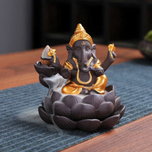 Buddha Stones Ganesh Elephant Purple Clay Backflow Smoke Fountain Protection Incense Burner Incense Burner BS Gold