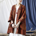 Buddha Stones Orange Flower Geometry Print Cotton Open Front Jacket With Pockets 25