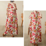 Buddha Stones Red Blue Green Flowers Midi Dress Cotton Half Sleeve Dress With Pockets Midi Dress BS 6