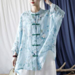 Buddha Stones Light Green Pink Flowers Green Leaves Frog-Button Long Sleeve Ramie Linen Jacket Shirt 9