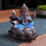 Buddha Stones Ganesh Elephant Purple Clay Backflow Smoke Fountain Protection Incense Burner Incense Burner BS Blue