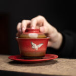 Buddha Stones Red Auspicious Crane Ceramic Gaiwan Sancai Teacup Kung Fu Tea Cup And Saucer With Lid Cup BS 1
