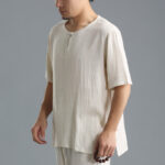 Buddha Stones Men's Solid Color Round Neck Short Sleeve Cotton Linen Shirt Men's Shirts BS 15