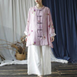Buddha Stones Pink Flower Print Frog-button Design Batwing Long Sleeve Ramie Linen Jacket Shirt Women's Shirts BS 38