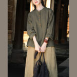 Buddha Stones Solid Color Loose Button Blouse Long Sleeve Shirt Top Long Sleeve Shirt BS 24