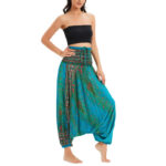 Buddha Stones Two Style Wear Peacock Feather Loose Smocked Harem Trousers Jumpsuit High Waist Pants Harem Pants BS Blue(Waist 60-100cm/Length 105cm)