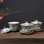 Buddha Stones Retro Plum Blossom Pine Bamboo Phoenix Kirin Ceramic Gaiwan Sancai Teacup Kung Fu Tea Cup and Saucer with Lid Cup BS main