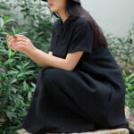 Buddha Stones Frog-Button Midi Dress Cotton Linen Short Sleeve Dress With Pockets Midi Dress BS 7