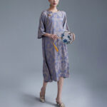 Buddha Stones Small Flower Leaf Jacquard Chinese Cheongsam Qipao Midi Dress With Pockets Cheongsam Dresses BS 13