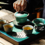 Buddha Stones Retro Green Glaze Ceramic Gaiwan Sancai Teacup Kung Fu Tea Cup And Saucer With Lid Cup BS 8