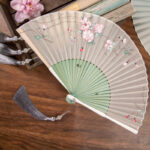 Buddha Stones Jasmine Lotus Begonia Flowers Handheld Silk Bamboo Folding Fan