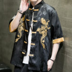 Buddha Stones Frog-Button Chinese Dragon Embroidery Half Sleeve Shirt Linen Men Clothing Men's Shirts BS 7
