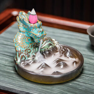 Buddha Stones Dragon Pattern Ceramic Backflow Smoke Fountain Incense Burner Decoration Incense Burner BS Green