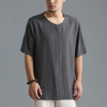 Buddha Stones Men's Solid Color Round Neck Short Sleeve Cotton Linen Shirt Men's Shirts BS 1