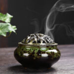 Buddha Stones Flower Pattern Ceramic Blessing Meditation Incense Burner Decoration Decorations Incense Burner BS Green