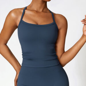Buddha Stones Solid Color Crop Tank Top High Waist Shorts Sports Fitness Gym Yoga Outfits 2-Piece Outfit BS Dark Blue Top US8/10/XL