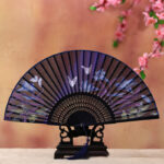 Buddha Stones Cherry Blossom Lily Butterfly Bamboo Handheld Bamboo Folding Fan 21cm Folding Fan BS Blue Butterfly Lily 21cm