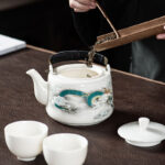 Buddha Stones Vintage Dragon Mountain Fisherman Landscape White Porcelain Ceramic Kung Fu Teapot Teapot BS 5