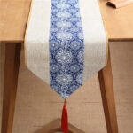 Buddha Stones Classic Chinese Style Lotus Koi Fish Flower Crane Calligraphy Enlightenment Cotton Linen Tassels Table Runner Table Runner BS 23