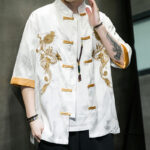 Buddha Stones Frog-Button Chinese Dragon Embroidery Half Sleeve Shirt Linen Men Clothing Men's Shirts BS 16