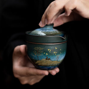 Buddha Stones Ceramic Teacup Deer Mountain Trees Lovely Cat Black Tea Cup With Lid and Bag Cup BS Deer Mountain Trees