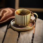 Buddha Stones Retro Striped Kiln Change Ceramic Coffee Mug Rough Pottery Tea Coffee Cup With Saucer 250ml Coffee Mug BS Khaki Yellow 12cm*8.5cm*7cm*250ml
