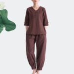 Buddha Stones Yoga Meditation Prayer V-neck Design Cotton Linen Clothing Uniform Zen Practice Women's Set Clothes BS 8