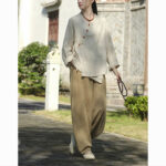 Buddha Stones Solid Color Ramie Linen Loose Blouse Long Sleeve Shirt Chinese Hanfu Top Long Sleeve Shirt BS 6