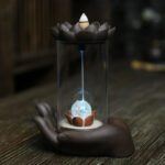 Buddha Stones Buddha Hand Lotus Enlightenment LED Light Purple Clay Ceramic Incense Burner Decoration Incense Burner BS Buddha Hand Ball