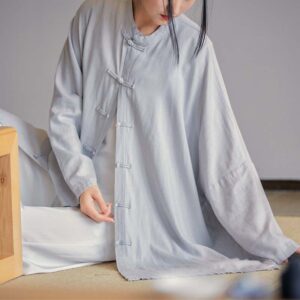 Buddha Stones Plain Frog-Button Design Shirt Zen Tai Chi Meditation Top Clothing Cotton Linen Jacket