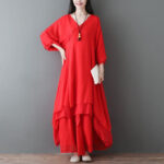 Buddha Stones V-Neck Midi Tunic Dress Wide Leg Pants Meditation Zen Practice Dance Clothing - 2Pcs Red(Dress&Pants) - US12，UK/AU16，EU44 (2XL) - image 10