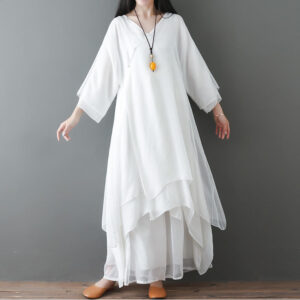 Buddha Stones V-Neck Midi Tunic Dress Wide Leg Pants Meditation Zen Practice Dance Clothing - 2Pcs White(Dress&Pants) - US12，UK/AU16，EU44 (2XL) - image 1