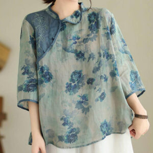 Buddha Stones PLUS SIZE Blue Jacaranda Flower Design Three Quarter Sleeve Ramie Linen Shirt