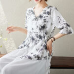 Buddha Stones Ink Bamboo Leaves Print V-Neck Lace-up Frog-Button Shirt T-shirt Tee Women's Shirts BS 3