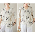 Buddha Stones Ink Bamboo Leaves Print V-Neck Lace-up Frog-Button Shirt T-shirt Tee Women's Shirts BS 17