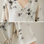 Buddha Stones Ink Bamboo Leaves Print V-Neck Lace-up Frog-Button Shirt T-shirt Tee Women's Shirts BS 11