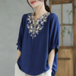Buddha Stones Small Floral Embroidery V-Neck Half Sleeve Cotton Linen T-shirt Tee Women's T-Shirts BS SteelBlue F(Fit for US4-8/10; UK/AU8-12/14; EU36-40/42)