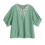 Buddha Stones Small Floral Embroidery V-Neck Half Sleeve Cotton Linen T-shirt Tee Women's T-Shirts BS 5