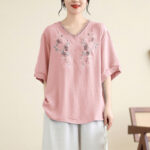Buddha Stones Floral Embroidery V-Neck Half Sleeve T-shirt Tee Women's T-Shirts BS LightPink F(Fit for US4-8/10; UK/AU8-12/14; EU36-40/42)