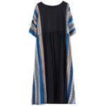 Buddha Stones Black Blue Stripes Short Sleeve Midi Dress With Pockets Midi Dress BS 5
