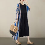 Buddha Stones Black Blue Stripes Short Sleeve Midi Dress With Pockets Midi Dress BS F(Fit for US4-14; UK/AU8-18; EU36-46)