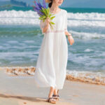 Buddha Stones Solid Color Embroidery Short Sleeve Cotton Midi Dress - image 12