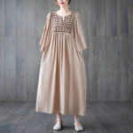 Buddha Stones Embroidery Notched Ruffled Hem Midi Dress With Pockets Midi Dress BS Wheat F(Fit for US4-12; UK/AU8-16; EU36-44)