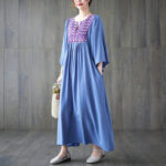 Buddha Stones Embroidery Notched Ruffled Hem Midi Dress With Pockets Midi Dress BS 16