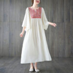 Buddha Stones Embroidery Notched Ruffled Hem Midi Dress With Pockets Midi Dress BS White F(Fit for US4-12; UK/AU8-16; EU36-44)