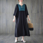 Buddha Stones Embroidery Notched Ruffled Hem Midi Dress With Pockets Midi Dress BS 25