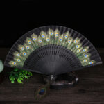 Buddha Stones Peacock Feather Handheld Bamboo Folding Fan 21.5cm Folding Fan BS Black 21.5cm