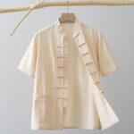 Buddha Stones Chinese Frog-Button Tang Suit Men's Short Sleeve Shirt Cotton Linen Clothing With Pockets Men's Shirts BS AntiqueWhite 4XL(Fit for US/UK/AU44; EU54)
