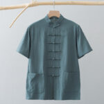 Buddha Stones Chinese Frog-Button Tang Suit Men's Short Sleeve Shirt Cotton Linen Clothing With Pockets Men's Shirts BS 8