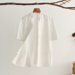 Buddha Stones Chinese Frog-Button Tang Suit Men's Short Sleeve Cotton Shirt With Pockets Men's Shirts BS White 4XL(Fit for US/UK/AU44; EU54)